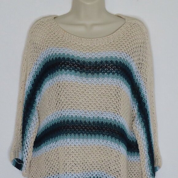 J Jill Women Petite Large PL Loose Knit Sweater Tan Blue Stripe Striped Pullover - Picture 2 of 10